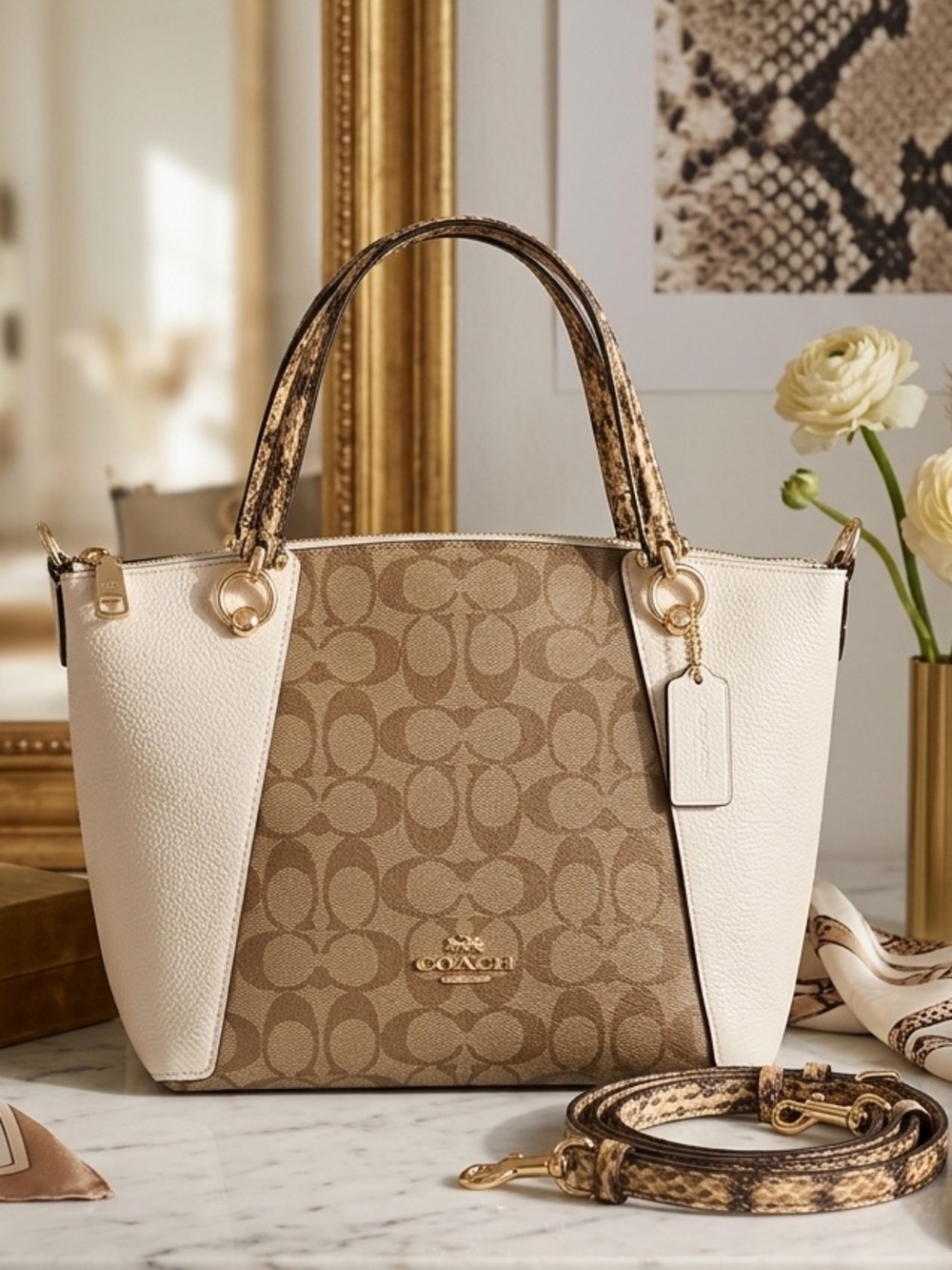 Coach Kacey Satchel Bag Colorblock Signature Canvas with Snake Print (C7261)